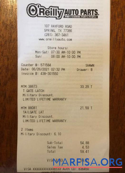 Printable USA O'Reilly auto parts payment receipt download for verification